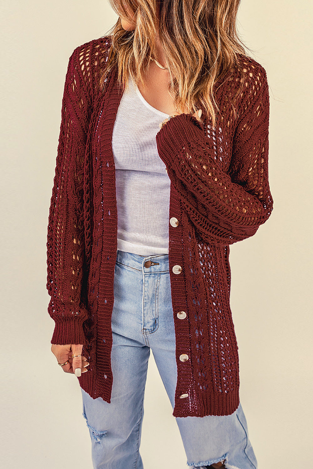 Wine Red Drop Sleeve Crochet Knit Cardigan