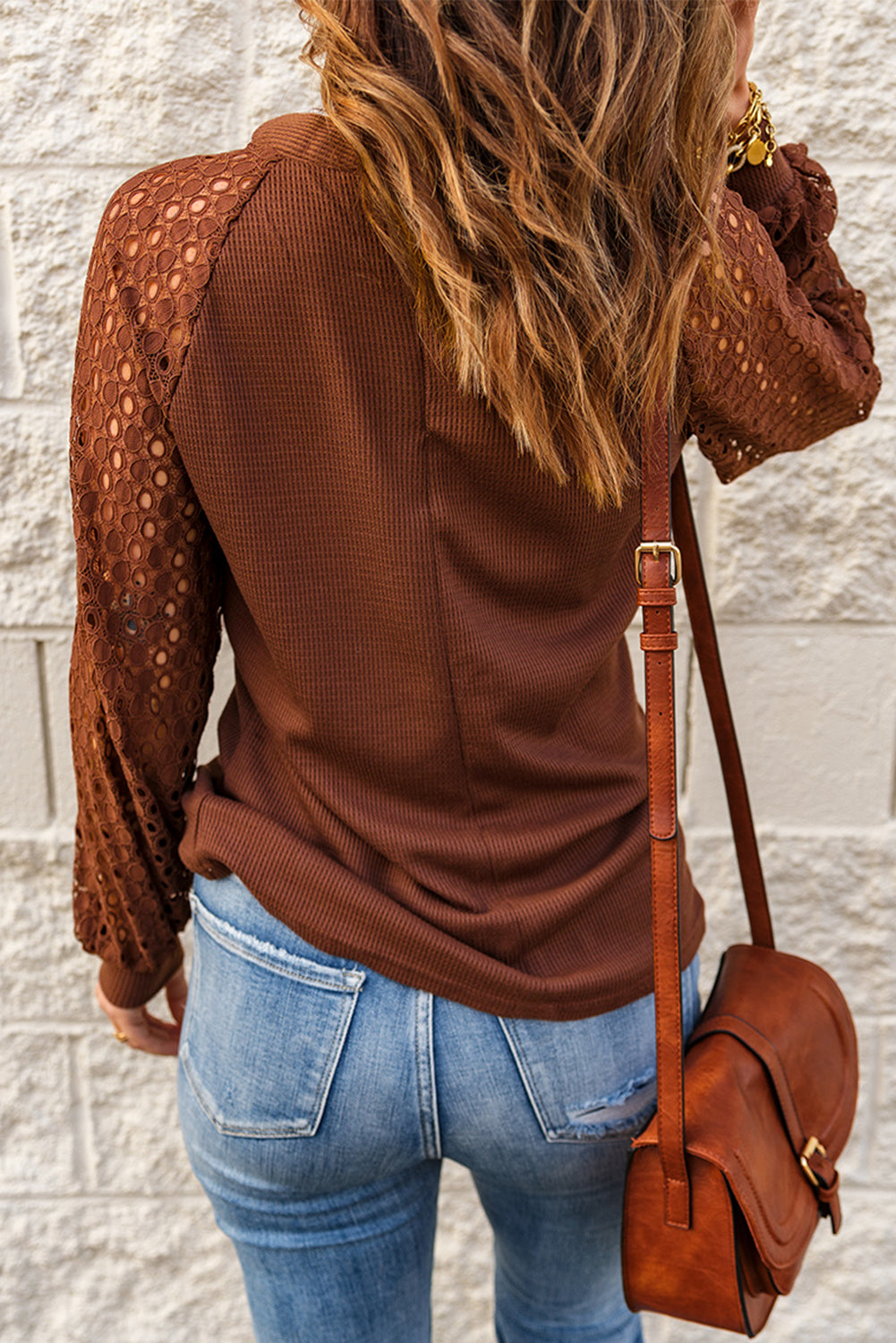 Brown Lace Contrast Long Sleeve Waffle Knit Top