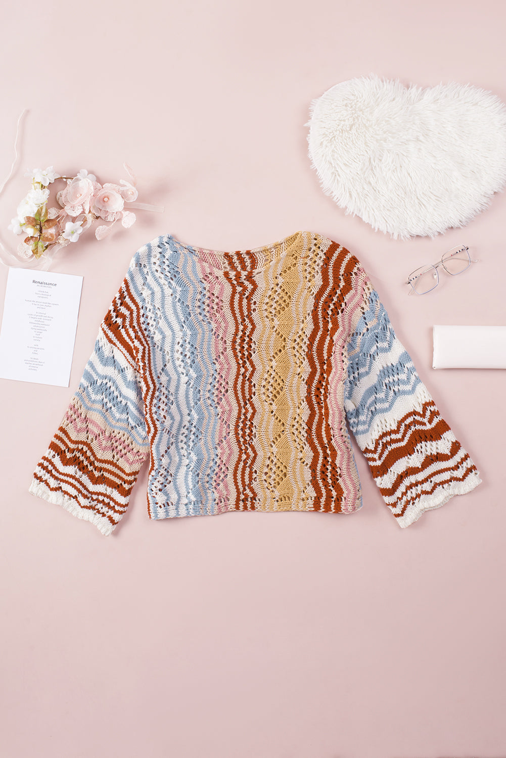 Multicolor Stripe Knit Hollow Out Drop Shoulder Sweater