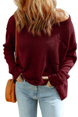 Biking Red Solid Color Off Shoulder Rib Knit Sweater with Pocket