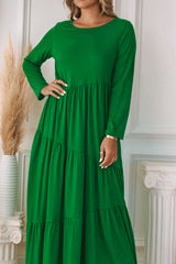 Green Asymmetrical Tiered Long Sleeve Maxi Dress