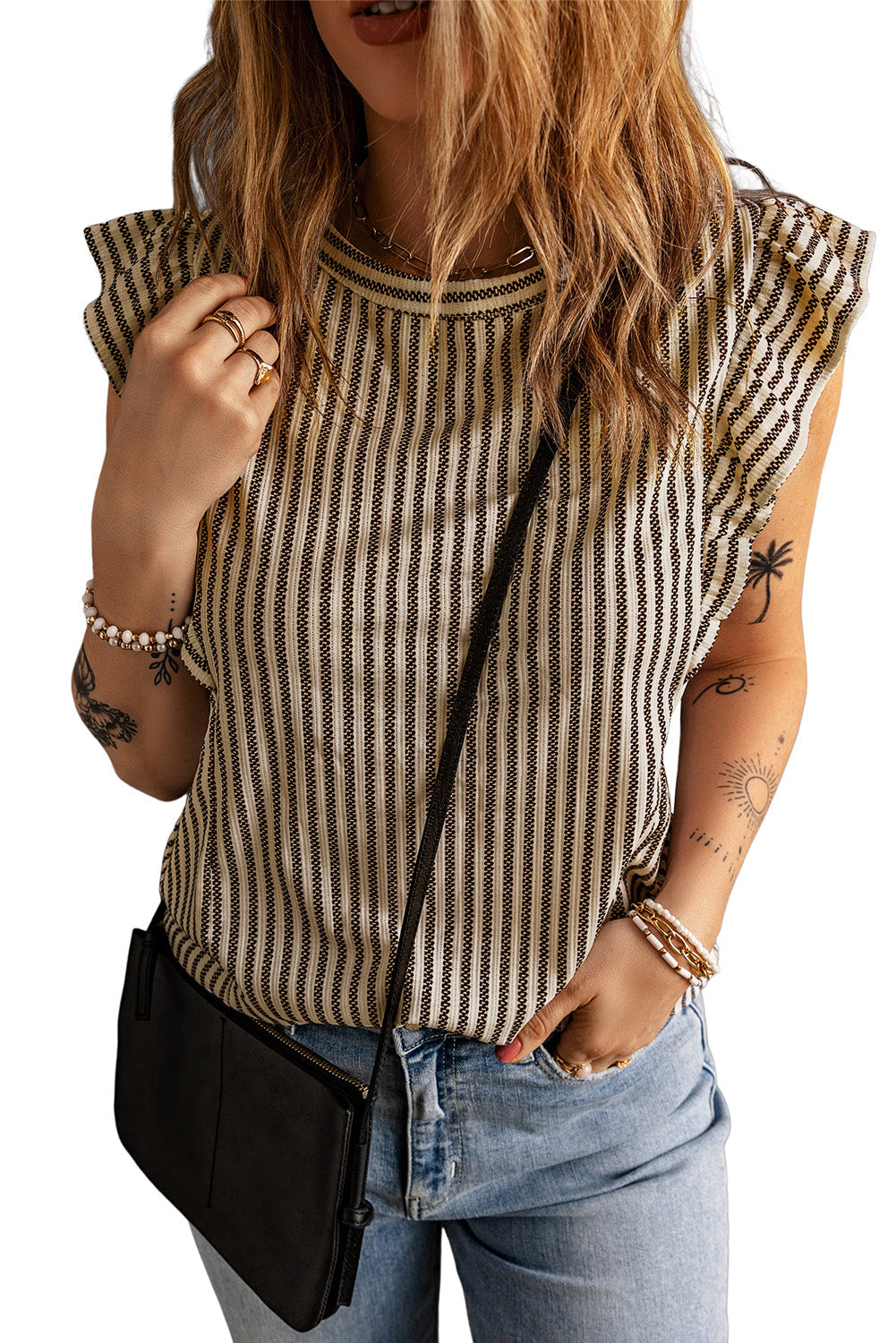 Gray Crew Neck Ruffled Striped Tank Top