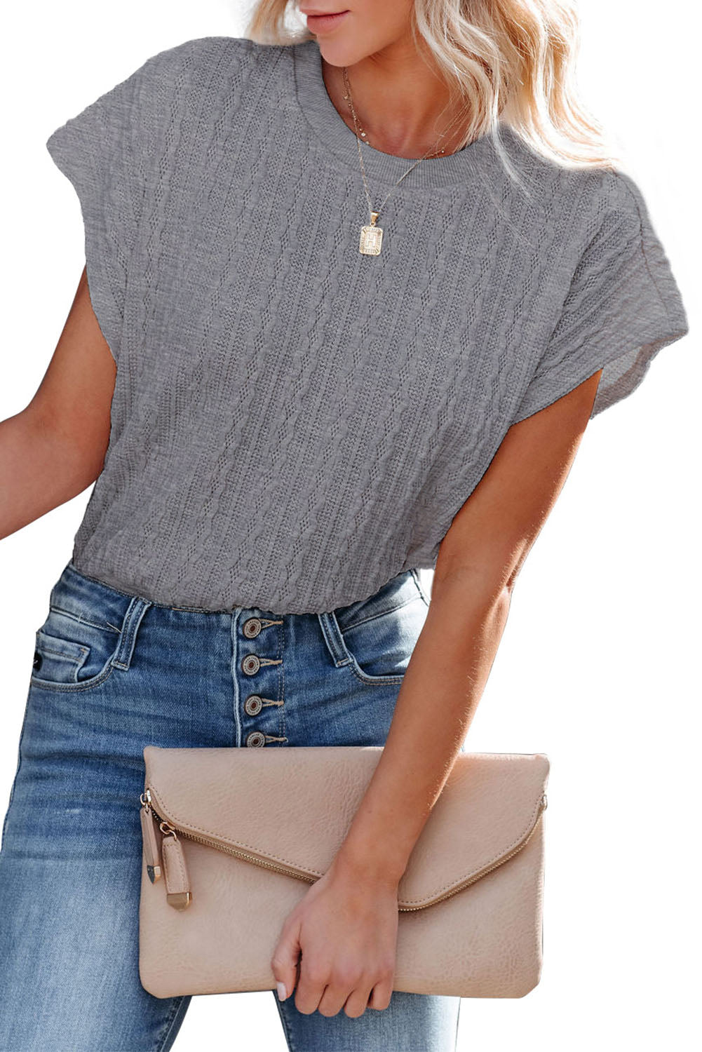 White Textured Knit Short Sleeve Top