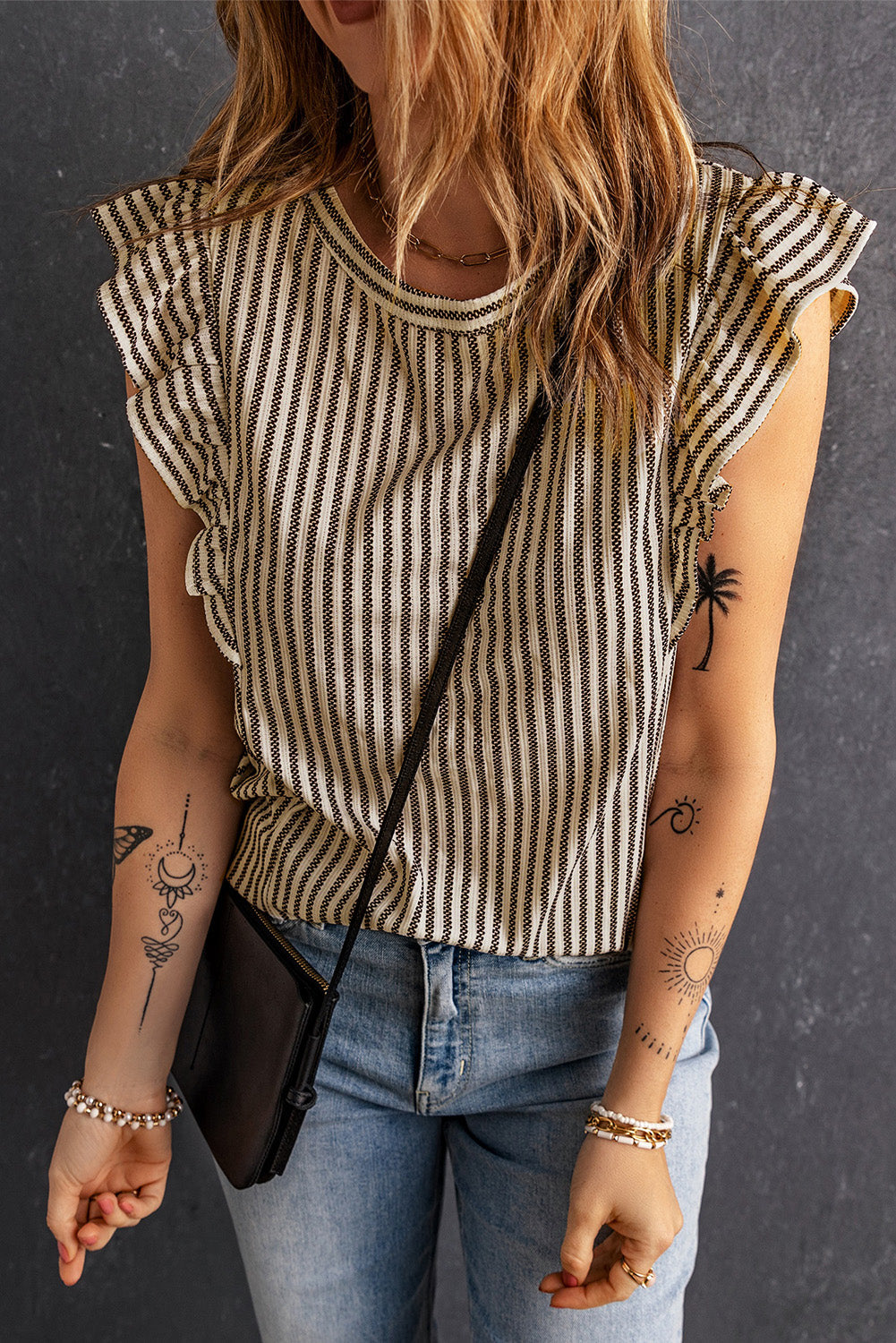 Gray Crew Neck Ruffled Striped Tank Top