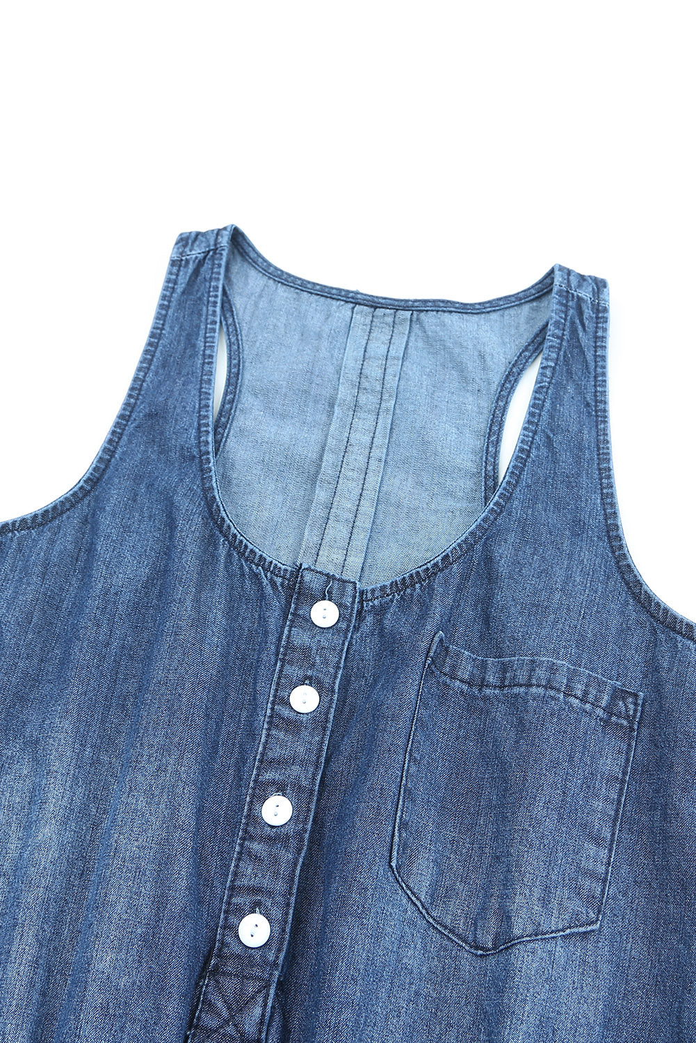 Blue High Waist Buttons Sleeveless Denim Romper