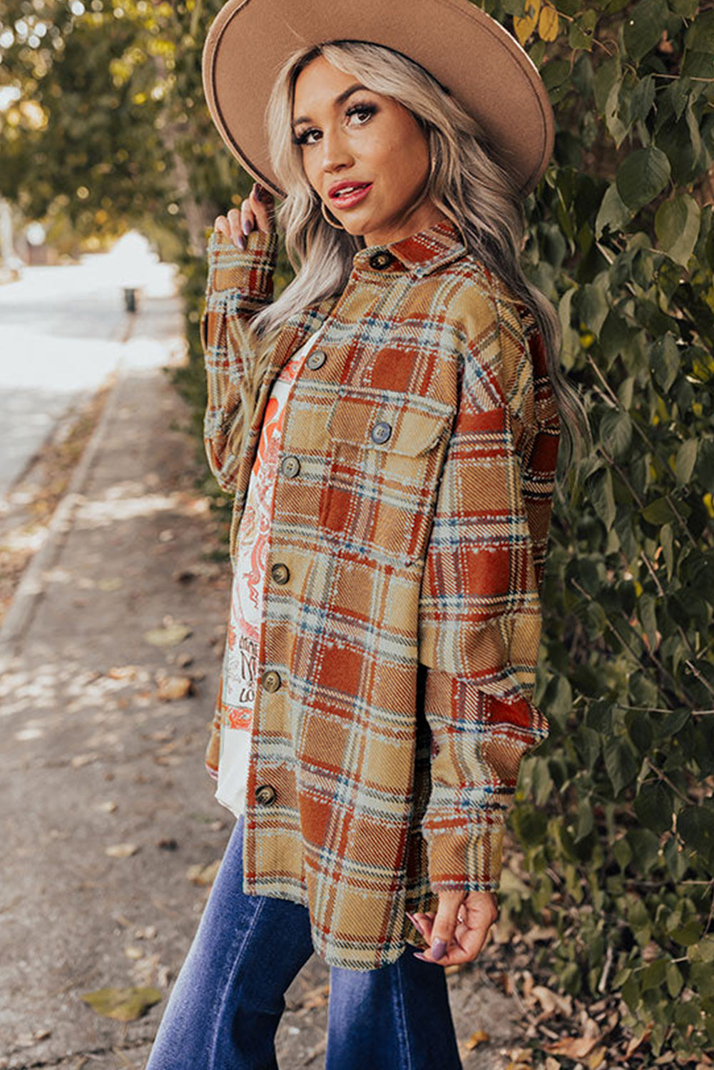 Blue Oversized Flap Pockets Plaid Shacket with Slits