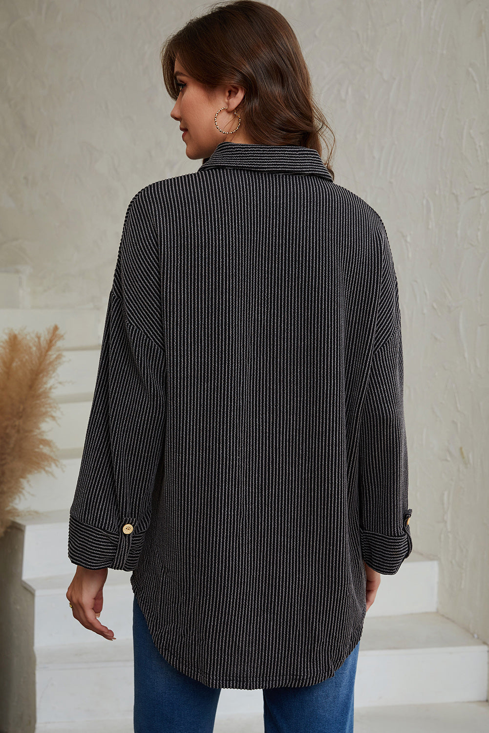 Sky Blue Roll Tab Sleeve Ribbed Cording Shacket