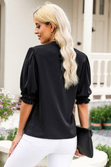 Black Solid Color Smock Sleeve V Neck Top