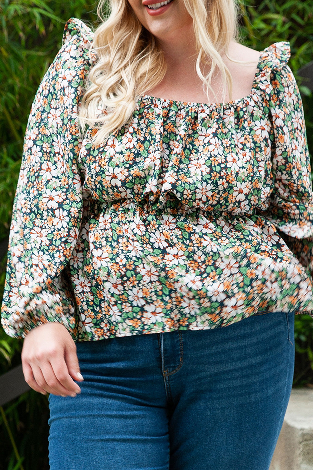 Green Square Neck Floral Plus Size Peplum Top