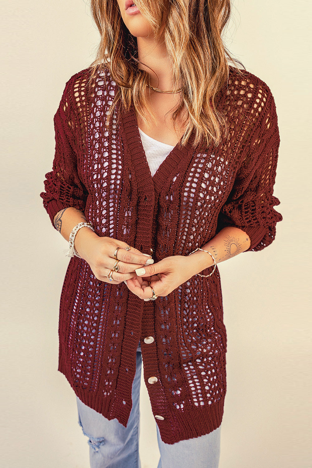 Wine Red Drop Sleeve Crochet Knit Cardigan