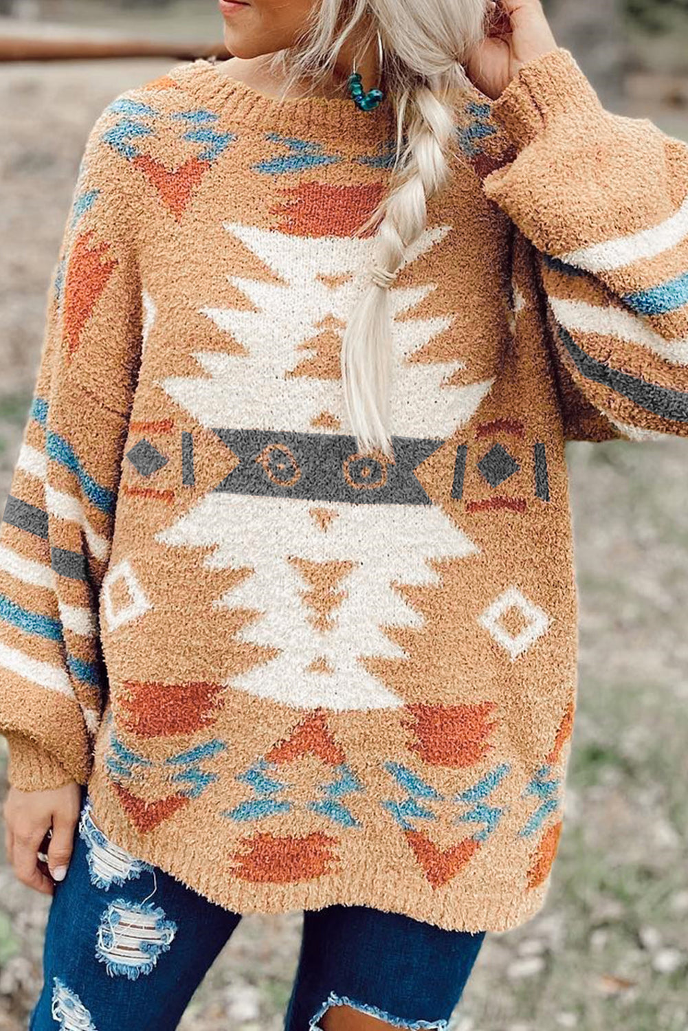 Aztec Print Long Sleeve Tunic Knitted Sweater