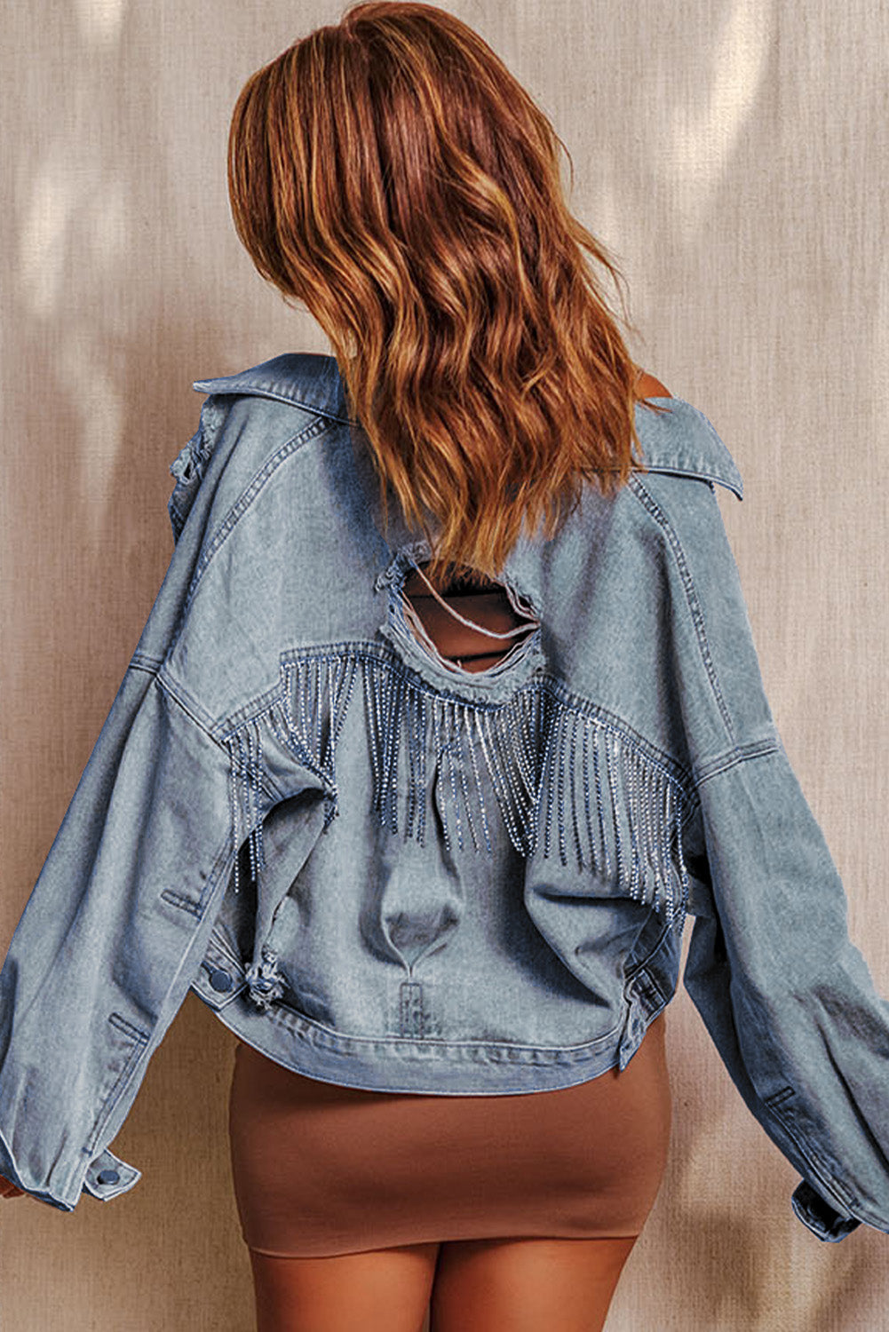 Sky Blue Rhinestone Fringe Denim Jacket