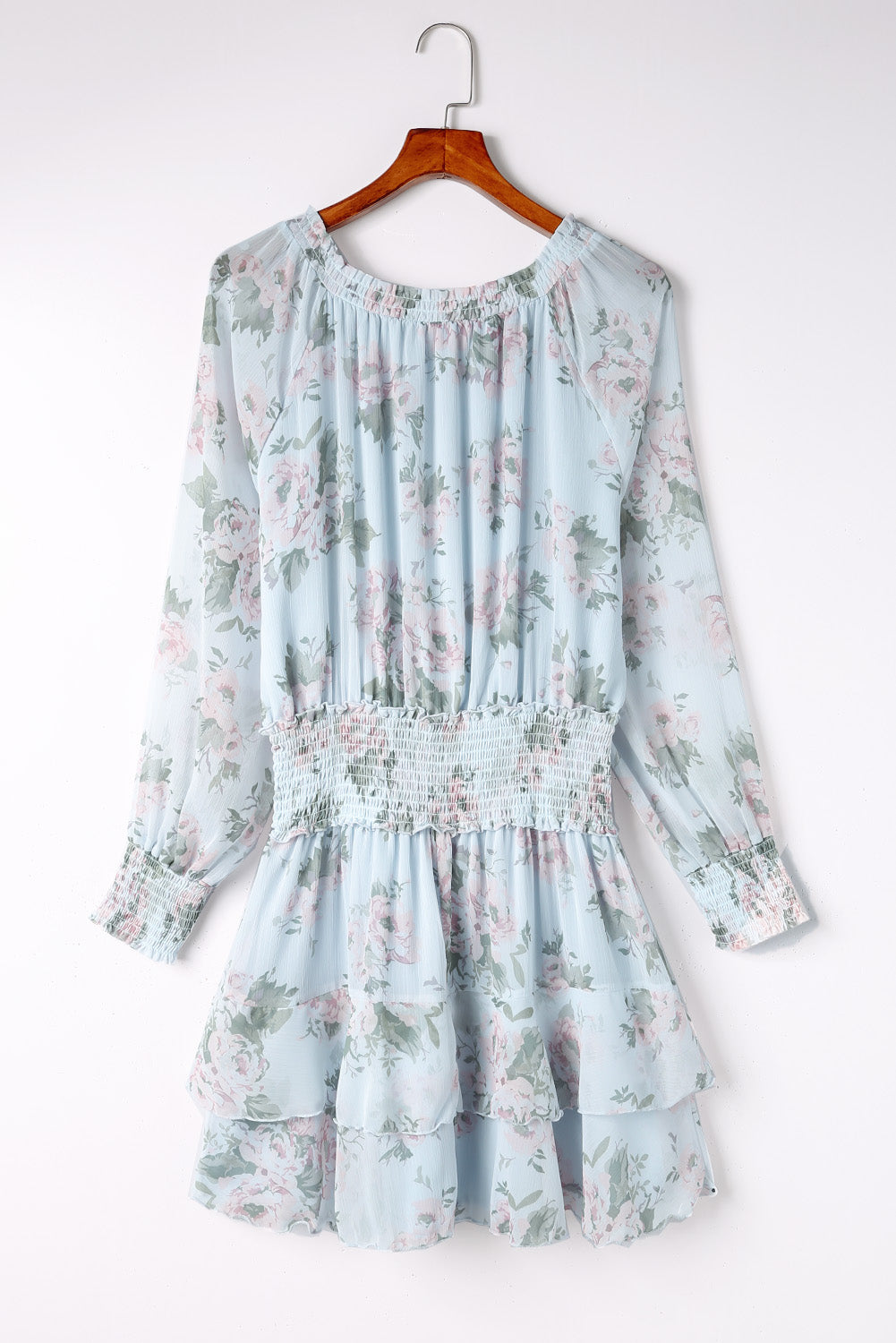 Green Floral Print Tiered Ruffled Shirred High Waist Mini Dress