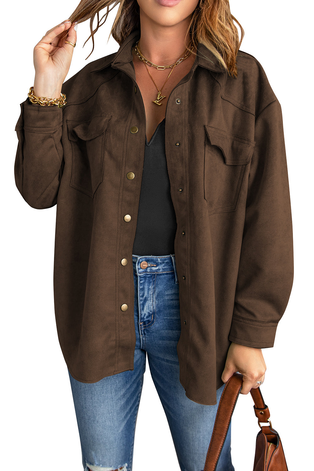 Khaki Snap Button Up Suede Jacket