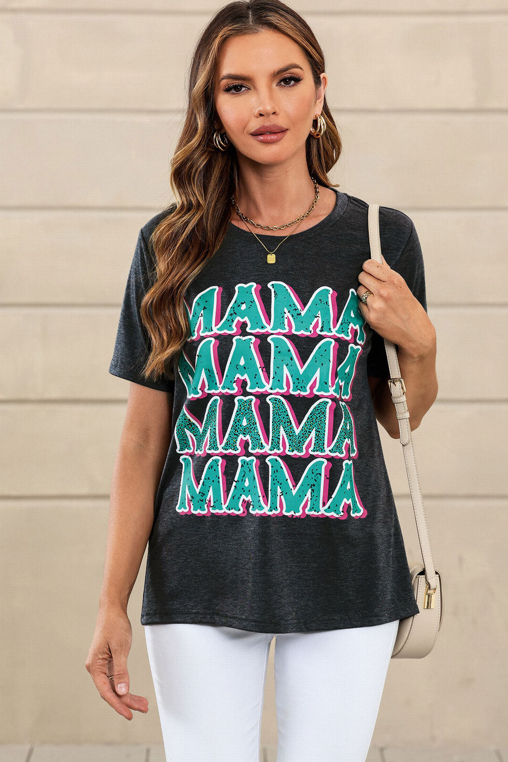 Black MAMA Letter Print Vintage Leopard Graphic T Shirt