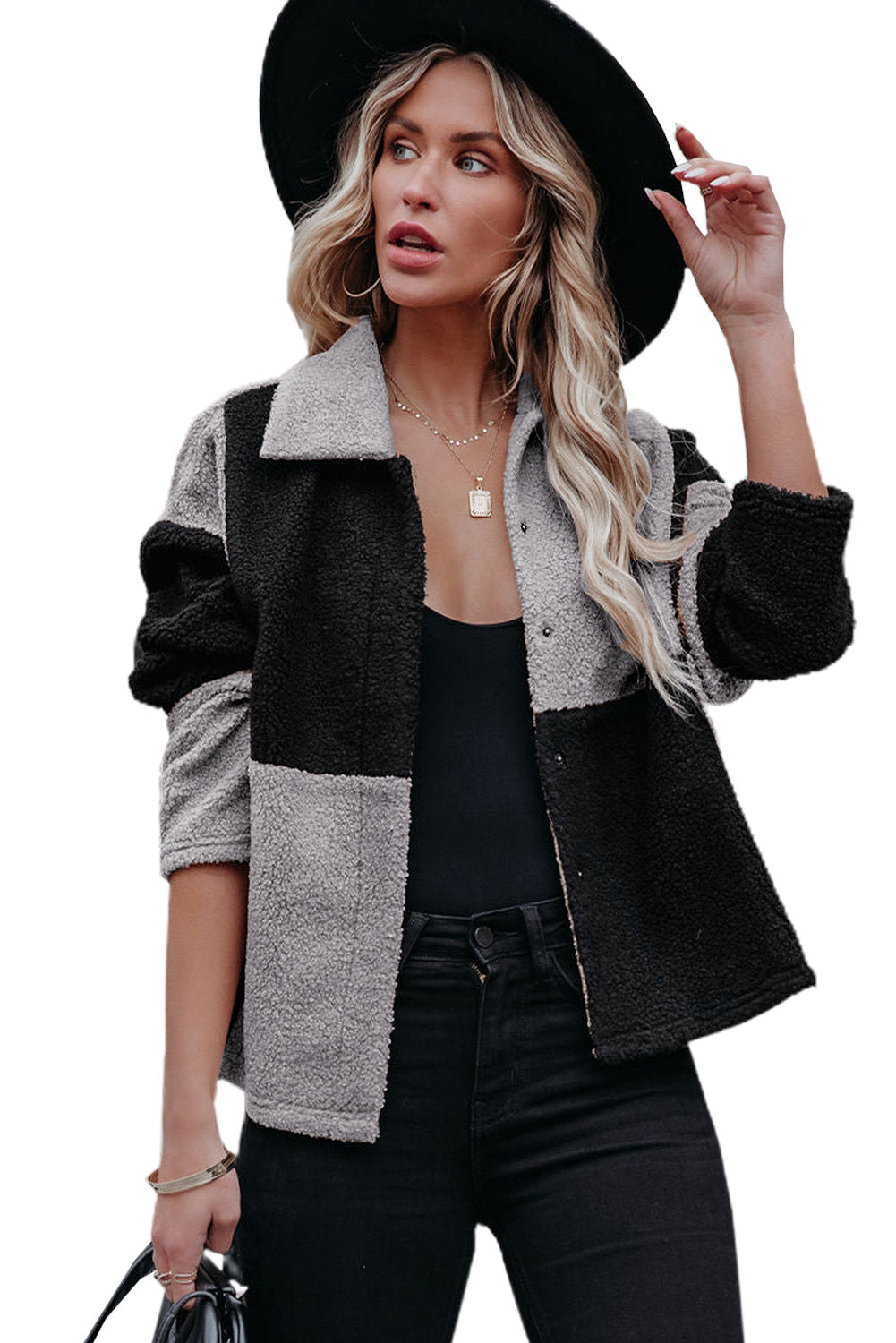 Black Colorblock Checkered Sherpa Jacket