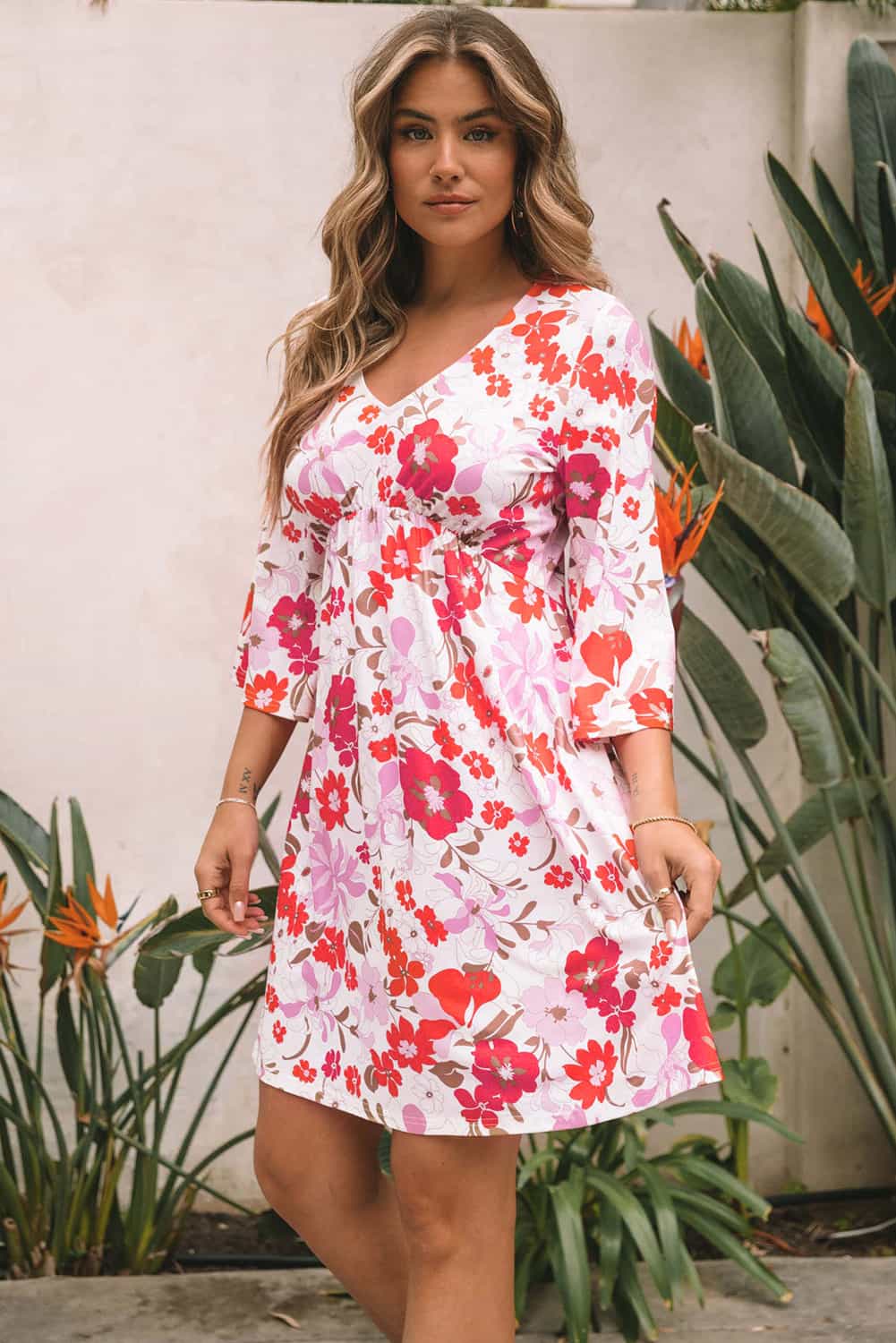 White V Neck 3/4 Sleeve Floral Dress