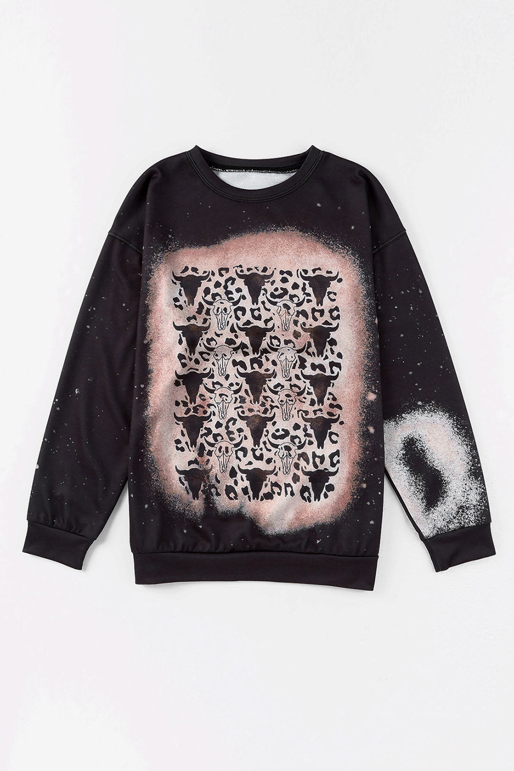 Black Bull Skull Leopard Bleached Pullover Sweatshirt