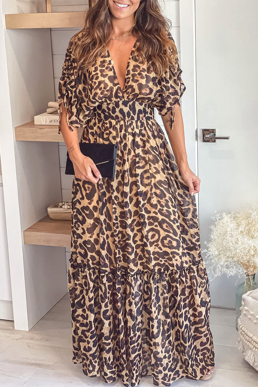 Leopard Print Drawstring V Neck High Waist Long Dress