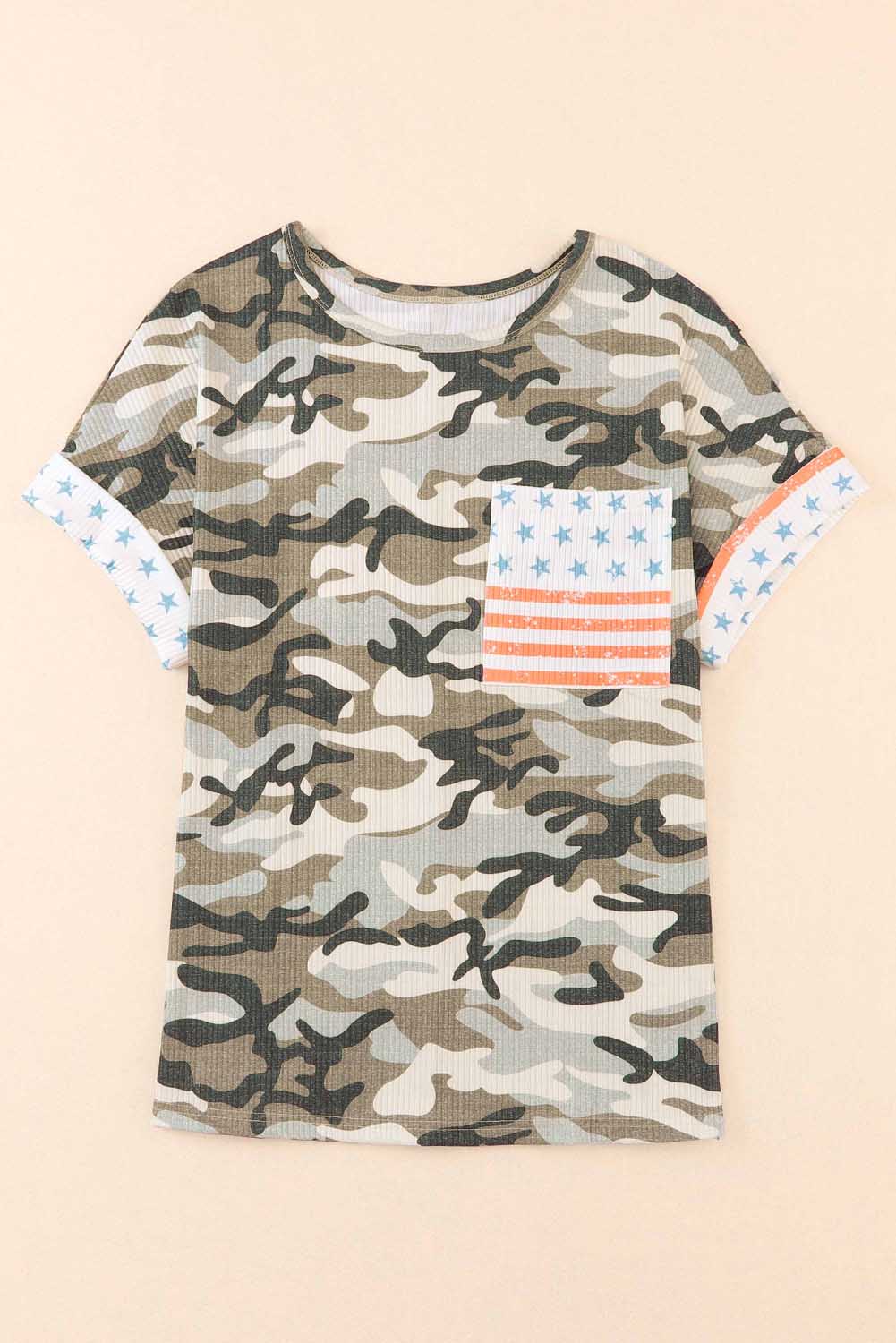 Green Flag Pocket Ribbed Camo Print T-shirt