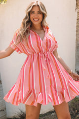 Red Stripe Print Rolled Short Sleeve V Neck Mini Dress