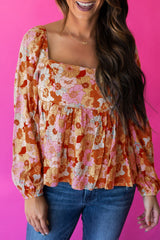 Orange Floral Square Neck Puff Sleeve Babydoll Blouse