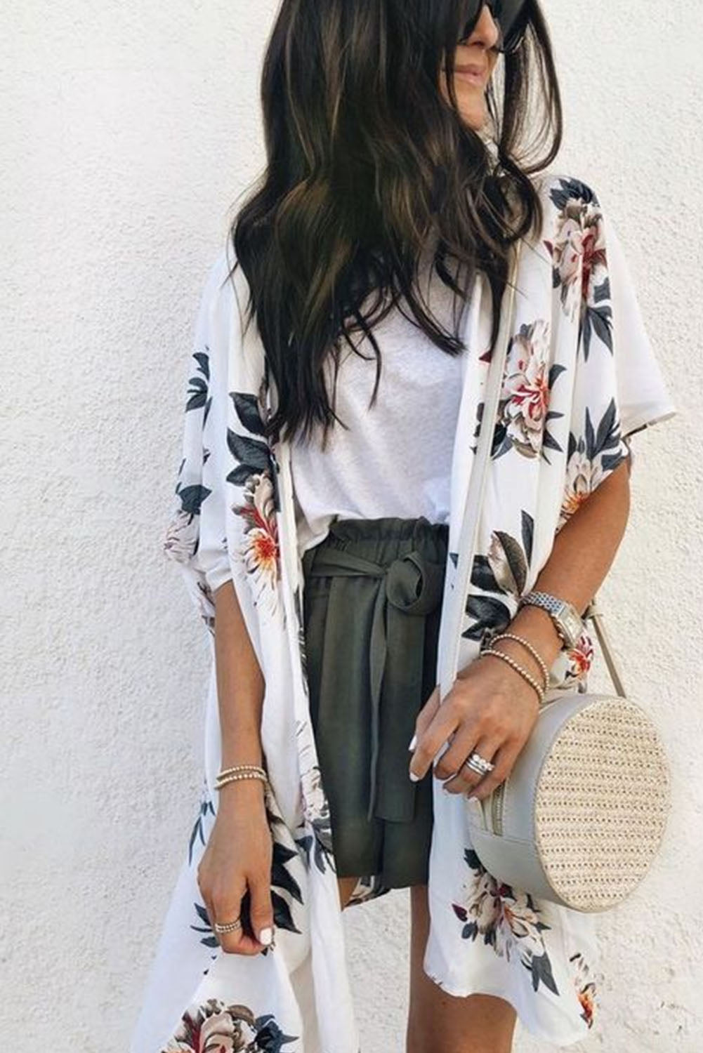 White Floral Print Summer Kimono