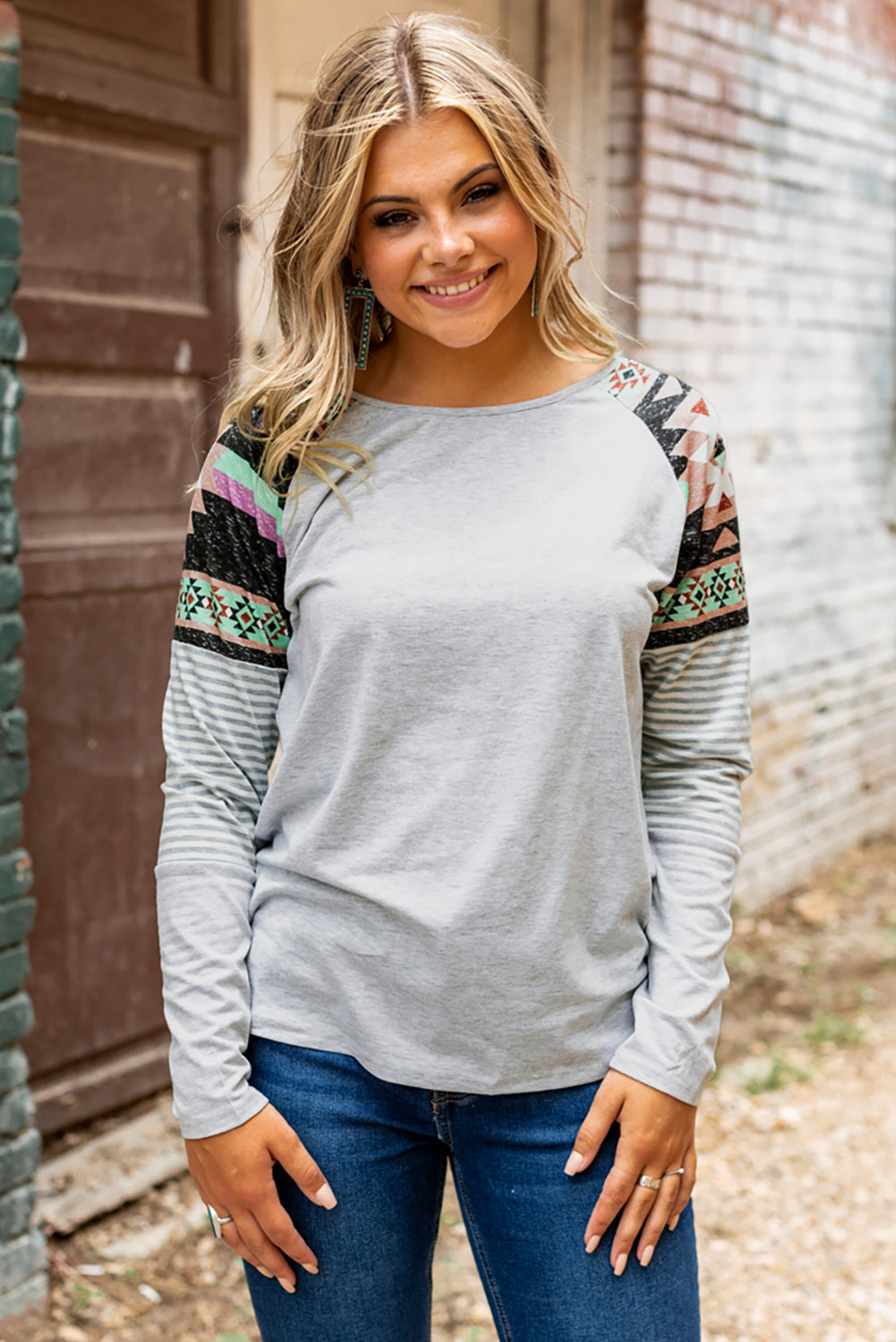 Round Neck Tribal Striped Raglan Top