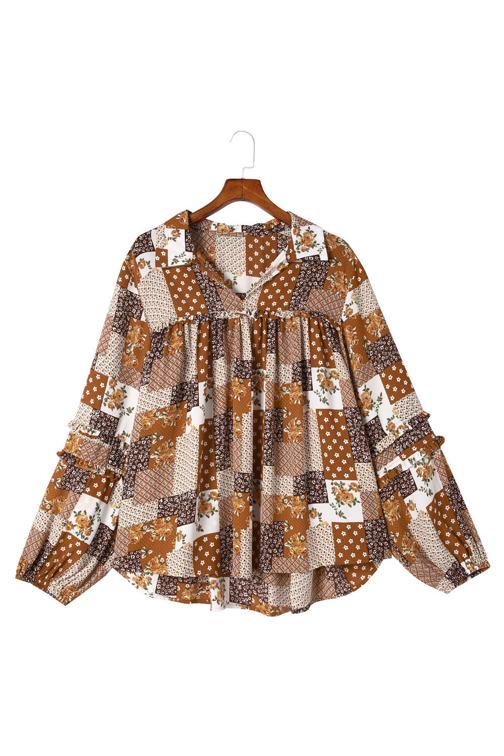 Apricot Turn-down Neck Mixed Print Plus Size Shirt