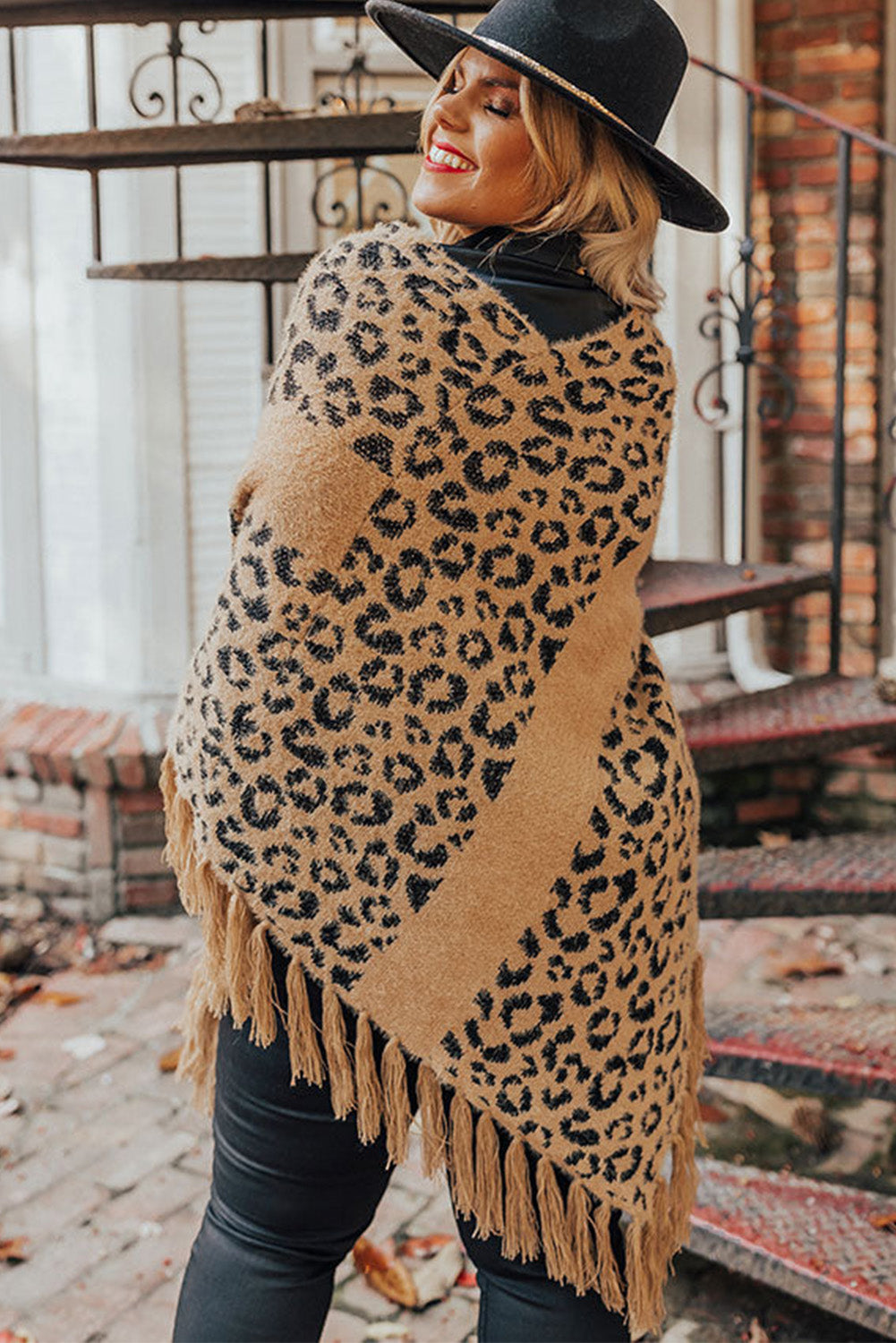 Leopard Plus Size Tasseled Hem Draped Poncho