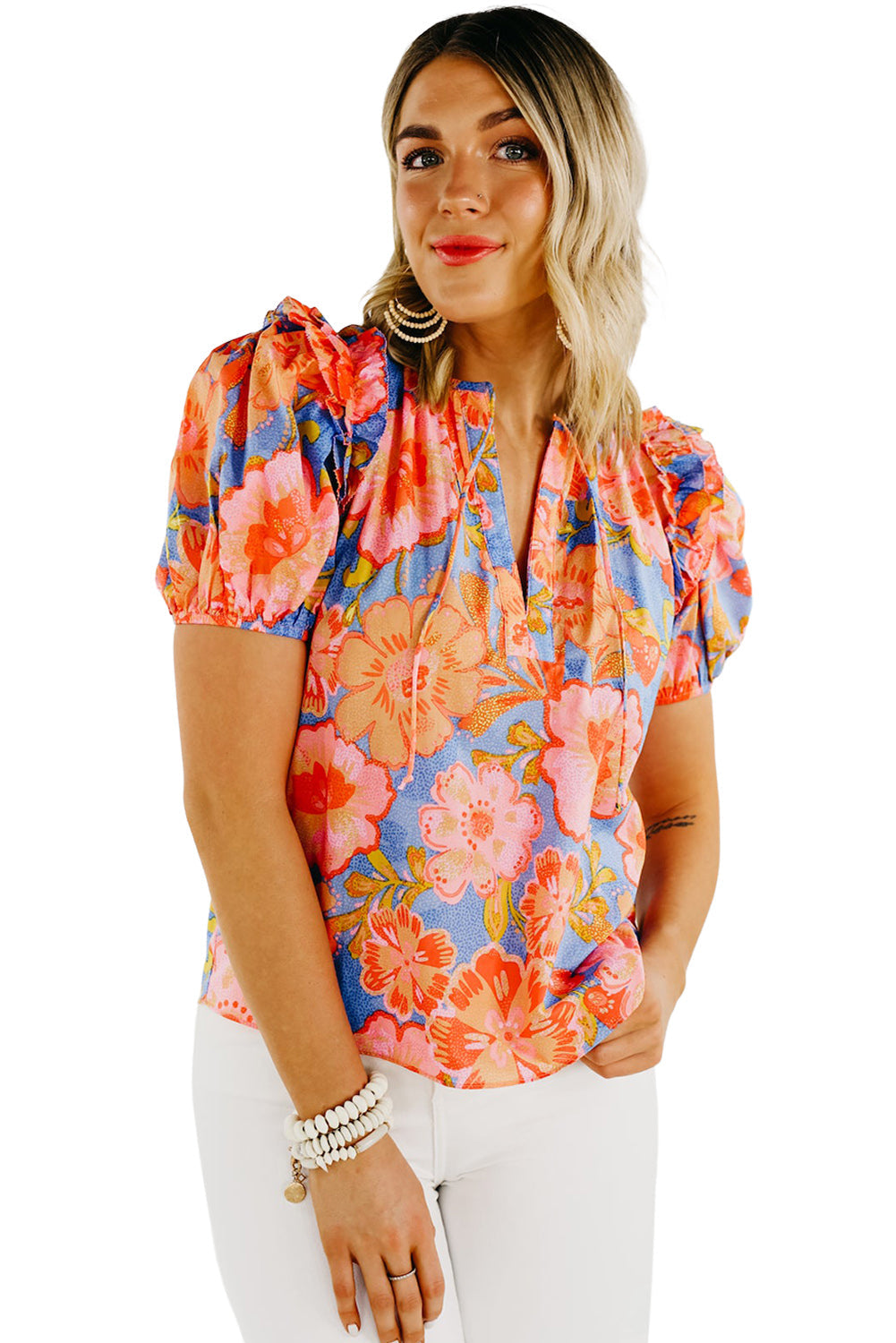 Multicolor Floral Bubble Sleeve V-Neck Plus Size Blouse