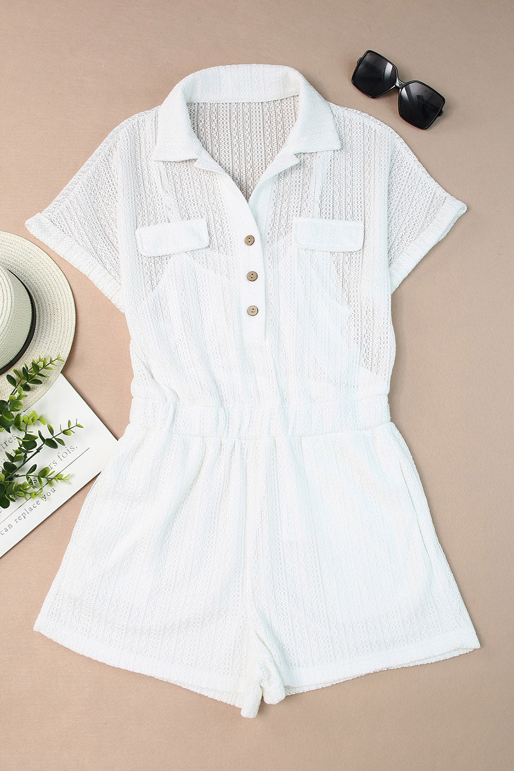 Beige Sheer Pattern Knit Pocketed Romper