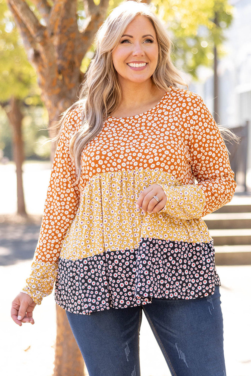 Orange Plus Size Colorblock Blooming Daisy Long Sleeve Flowy Top