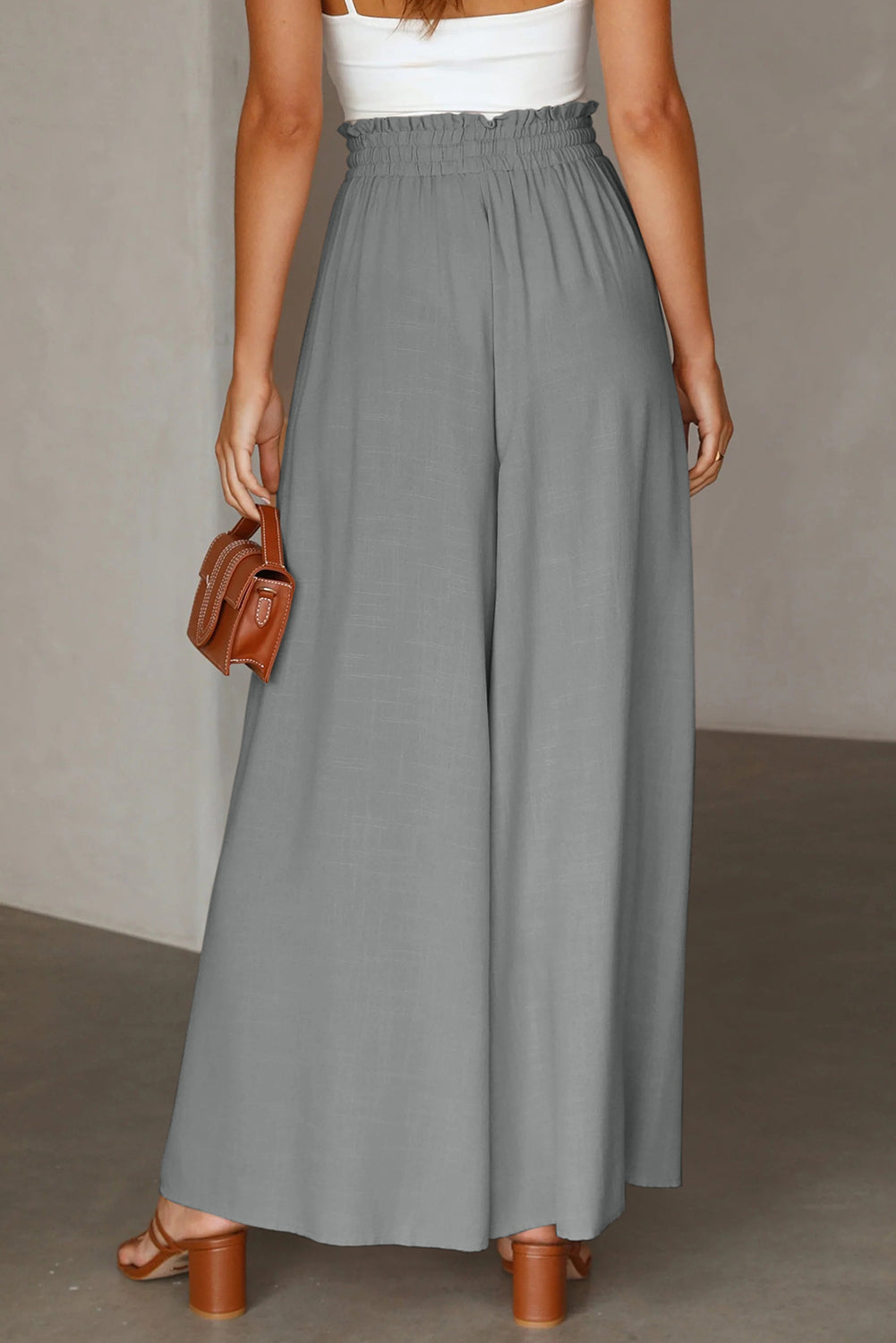 Beige Drawstring Smocked High Waist Wide Leg Pants