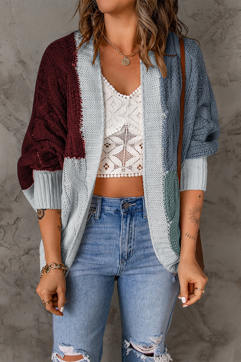 Brown Color Block Loose Open Front Knitted Cardigan