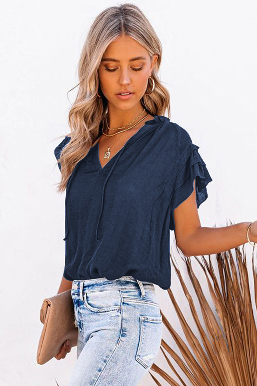 Gray Tiered Ruffled Drawstring V Neck Top