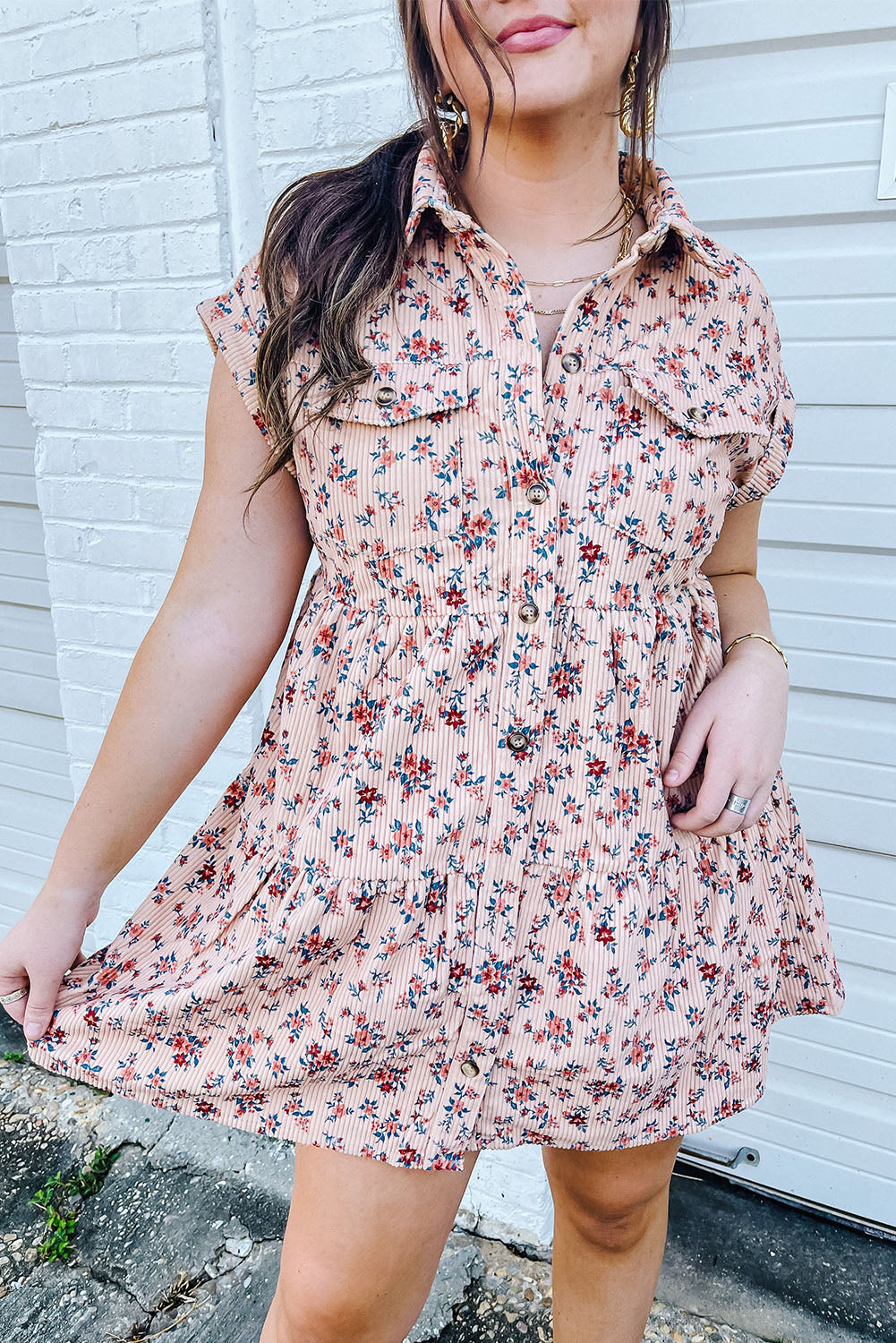 Pink Short Sleeve Flap Pockets Shirt Floral Dress