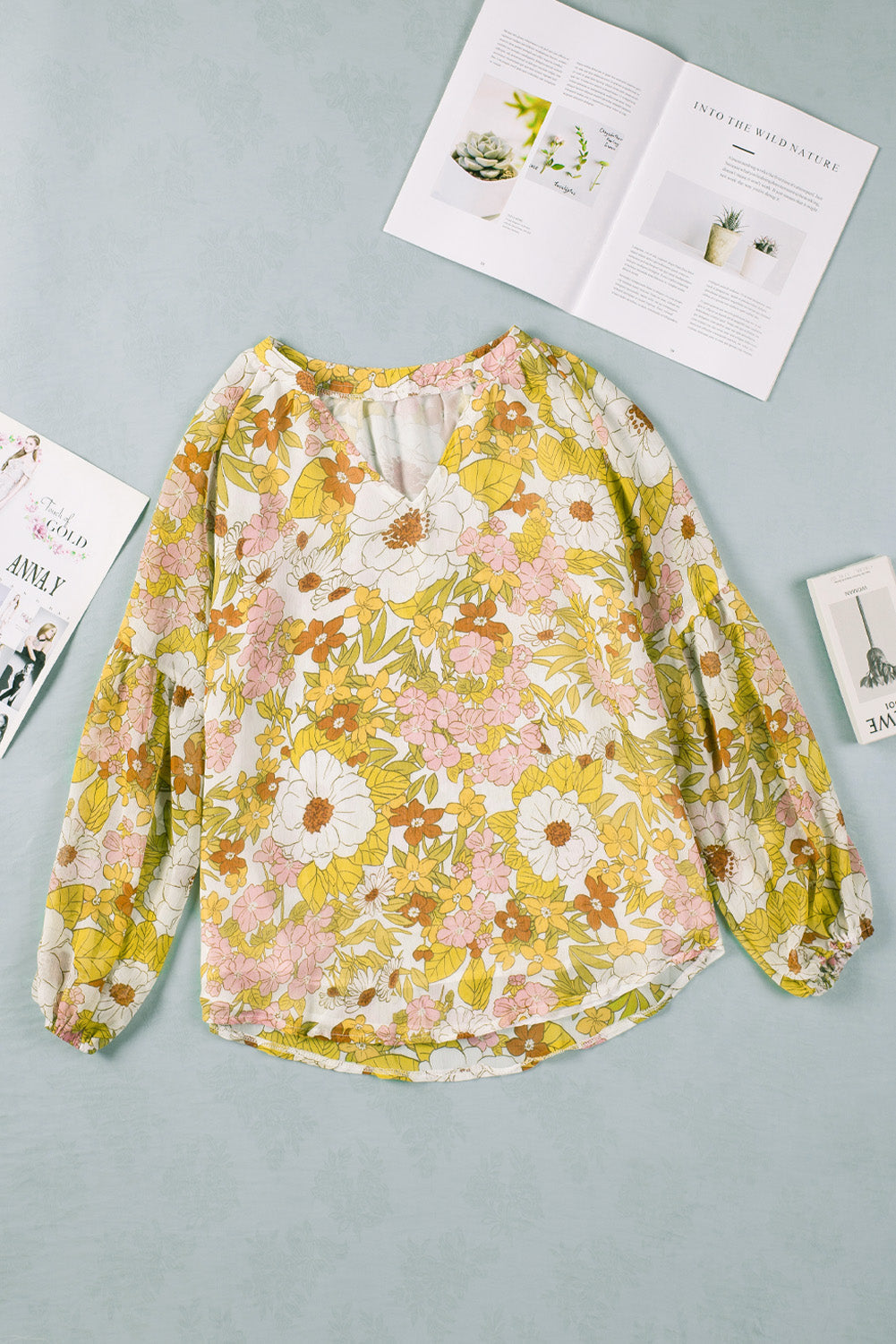 Green Floral Print V Neck Long Puff Sleeve Top