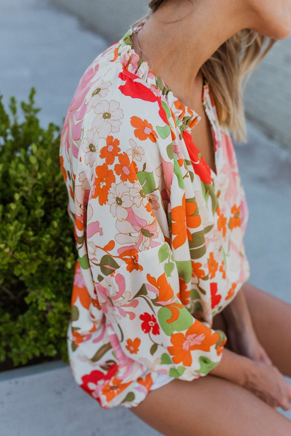 Orange Blooming Flowers Frill Trim Puff Sleeve Blouse