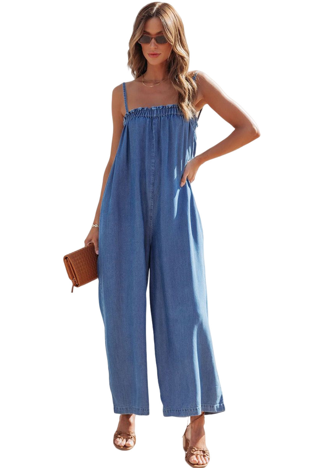 Blue Spaghetti Straps Frilled Neckline Pocketed Wide Leg Denim Jumpsuit