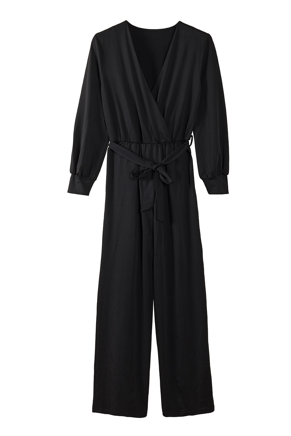 Black V Neck Wrap Waist Tie Long Sleeve Jumpsuit