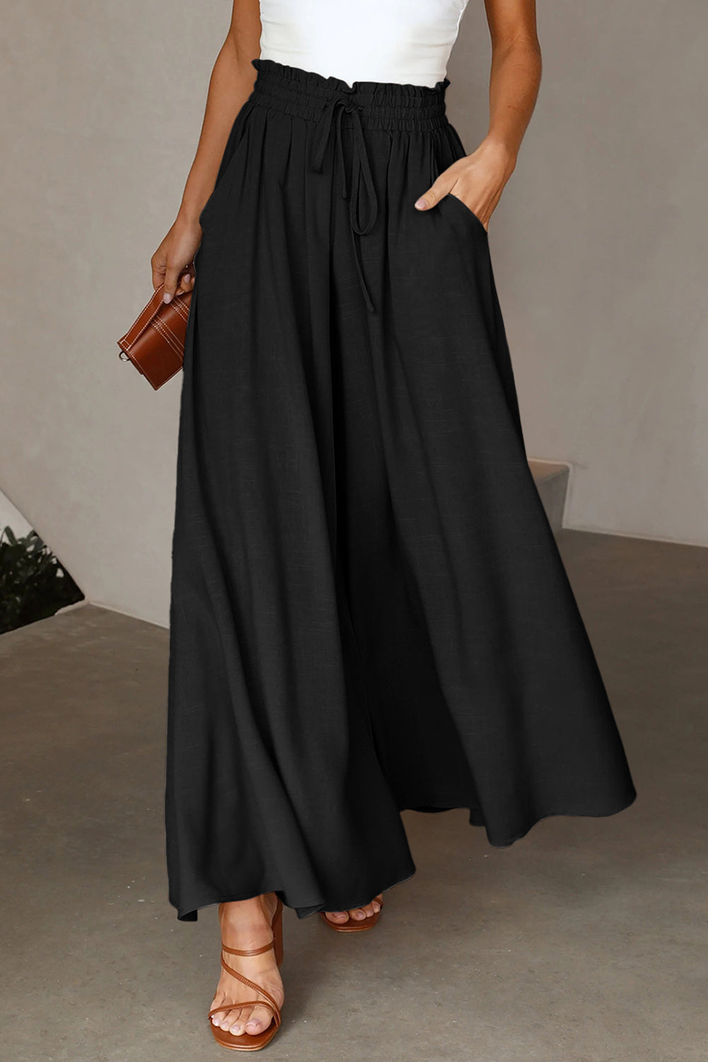 Beige Drawstring Smocked High Waist Wide Leg Pants