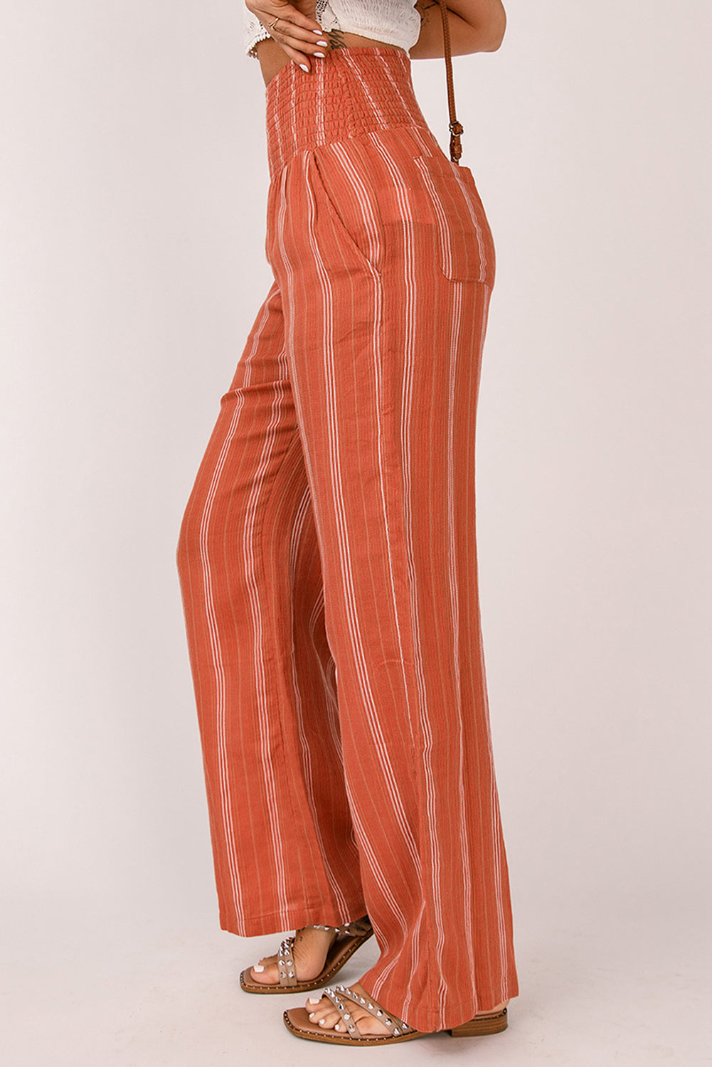 Orange Striped Shirred High Waist Straight Leg Pants