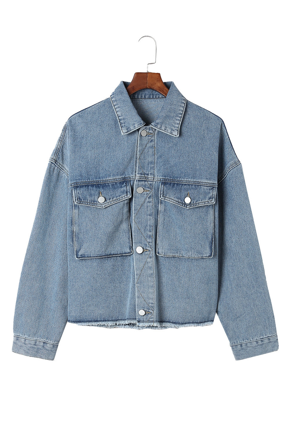 Sky Blue Elastic Hemline Acid Wash Denim Jacket