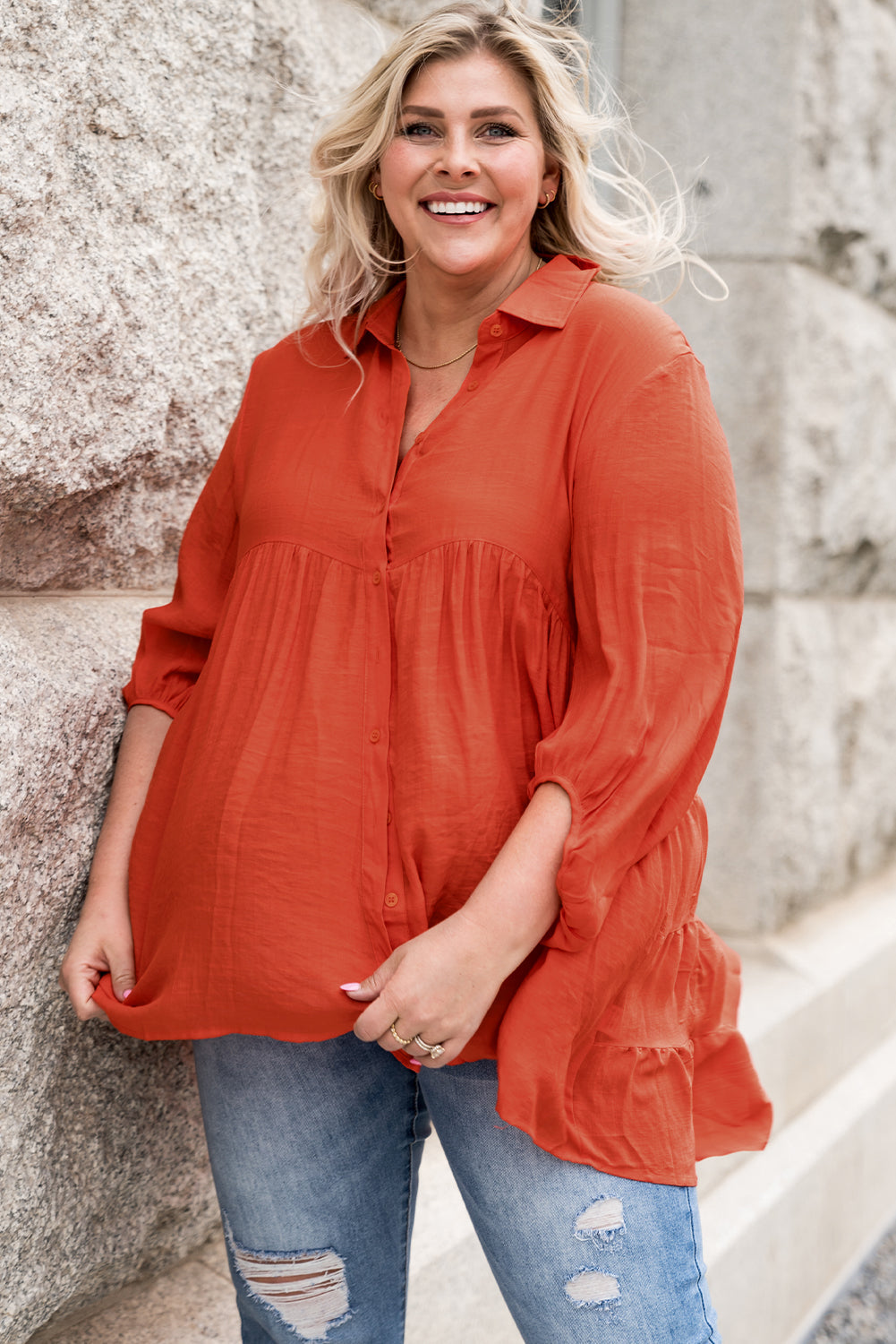 Green 3/4 Sleeve Plus Size Tunic Top