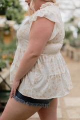 White Ruffled Floral Print Plus Size Top