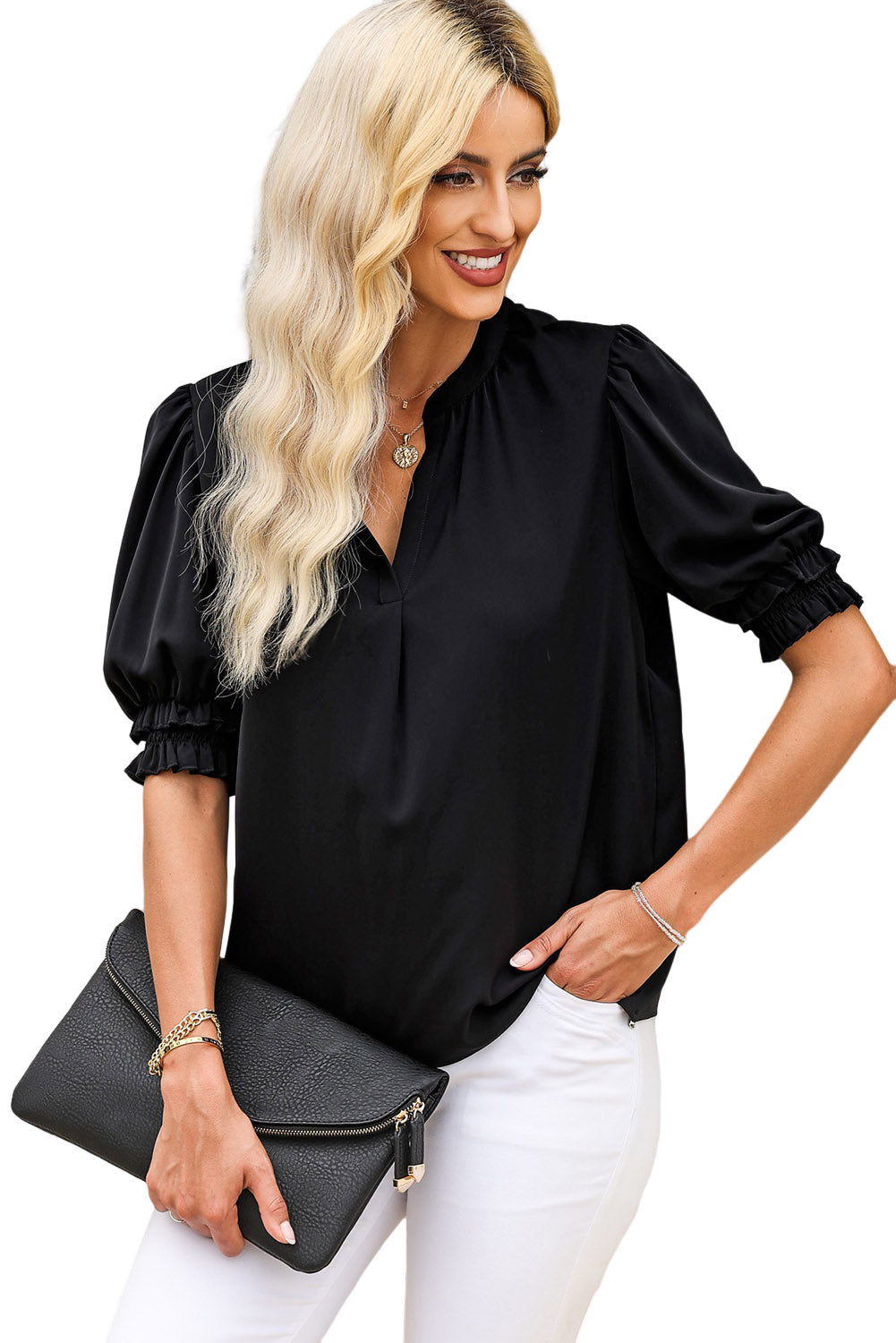 Black Solid Color Smock Sleeve V Neck Top