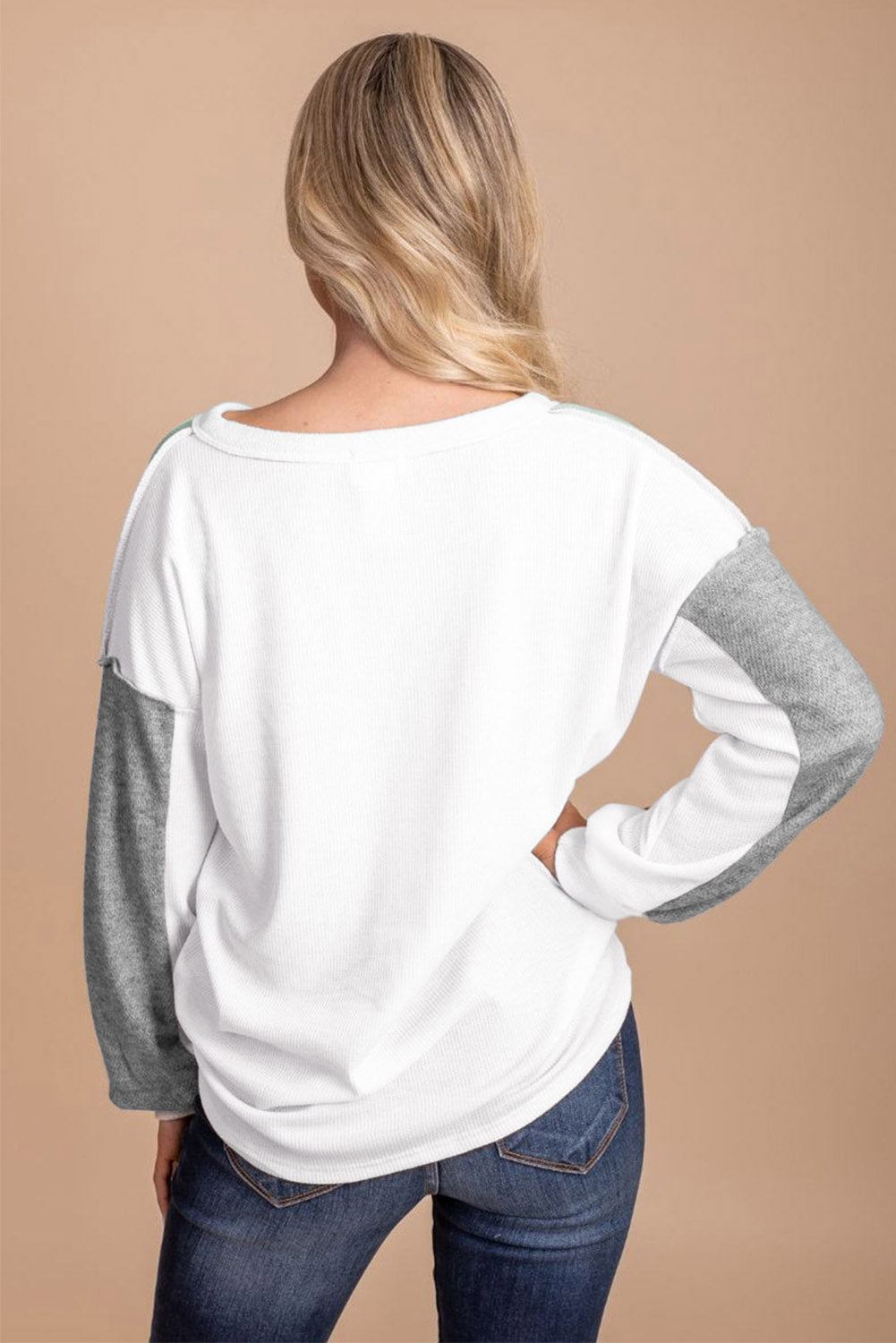 Gray Button Decor Exposed Seam Color Block Top