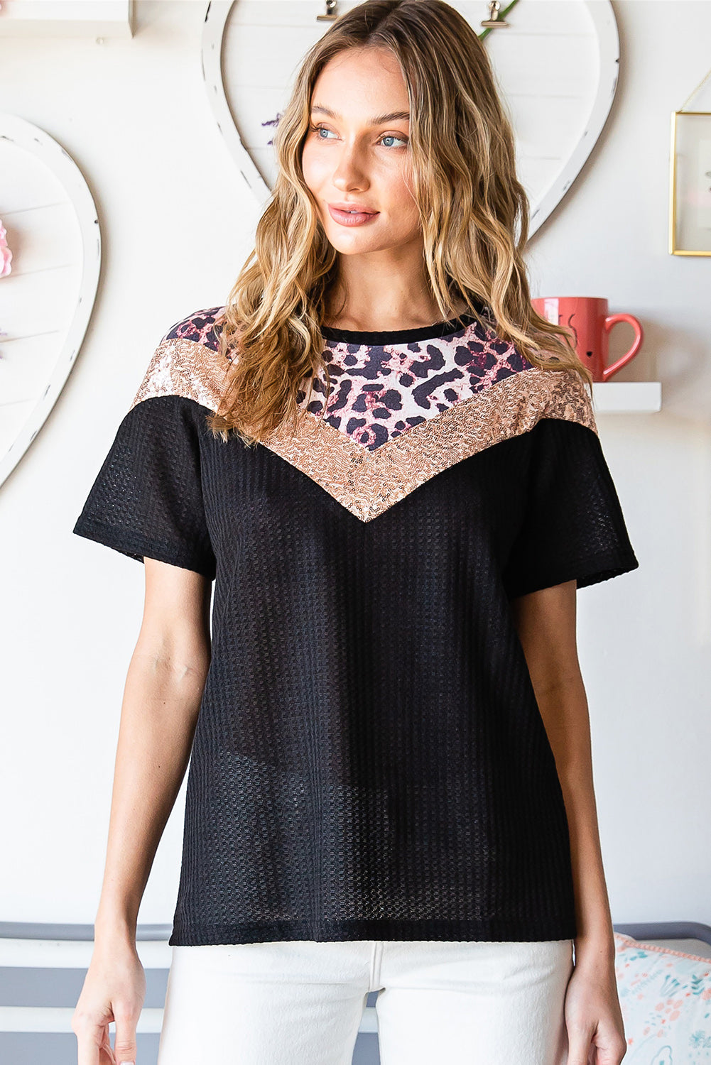 Black Leopard Sequin Waffle Knit Short Sleeve T-shirt