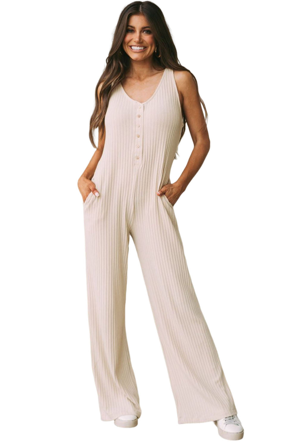 Apricot Sleeveless Buttoned Ribbed Wide Leg Jumpsuit with Pockets